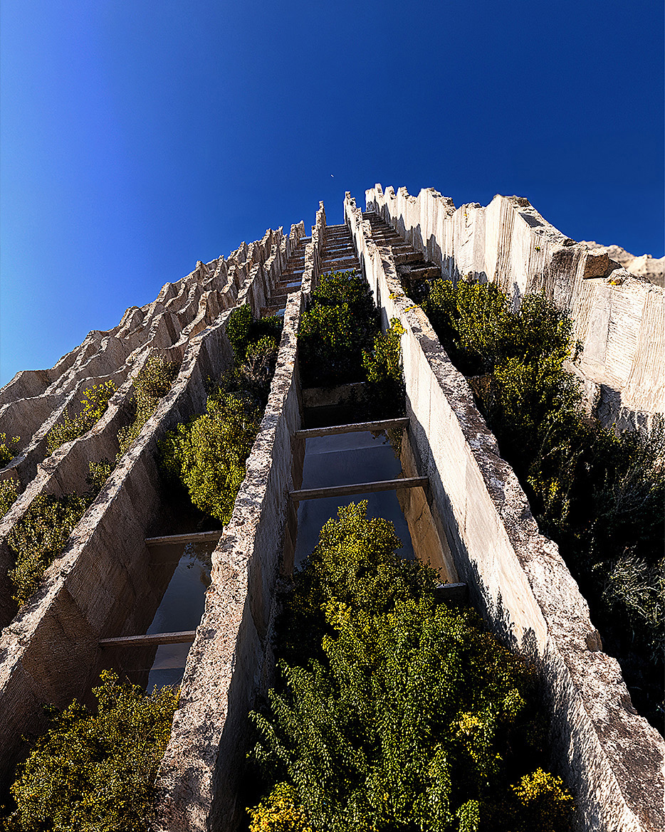Guri Tower looking up with cascading greenery