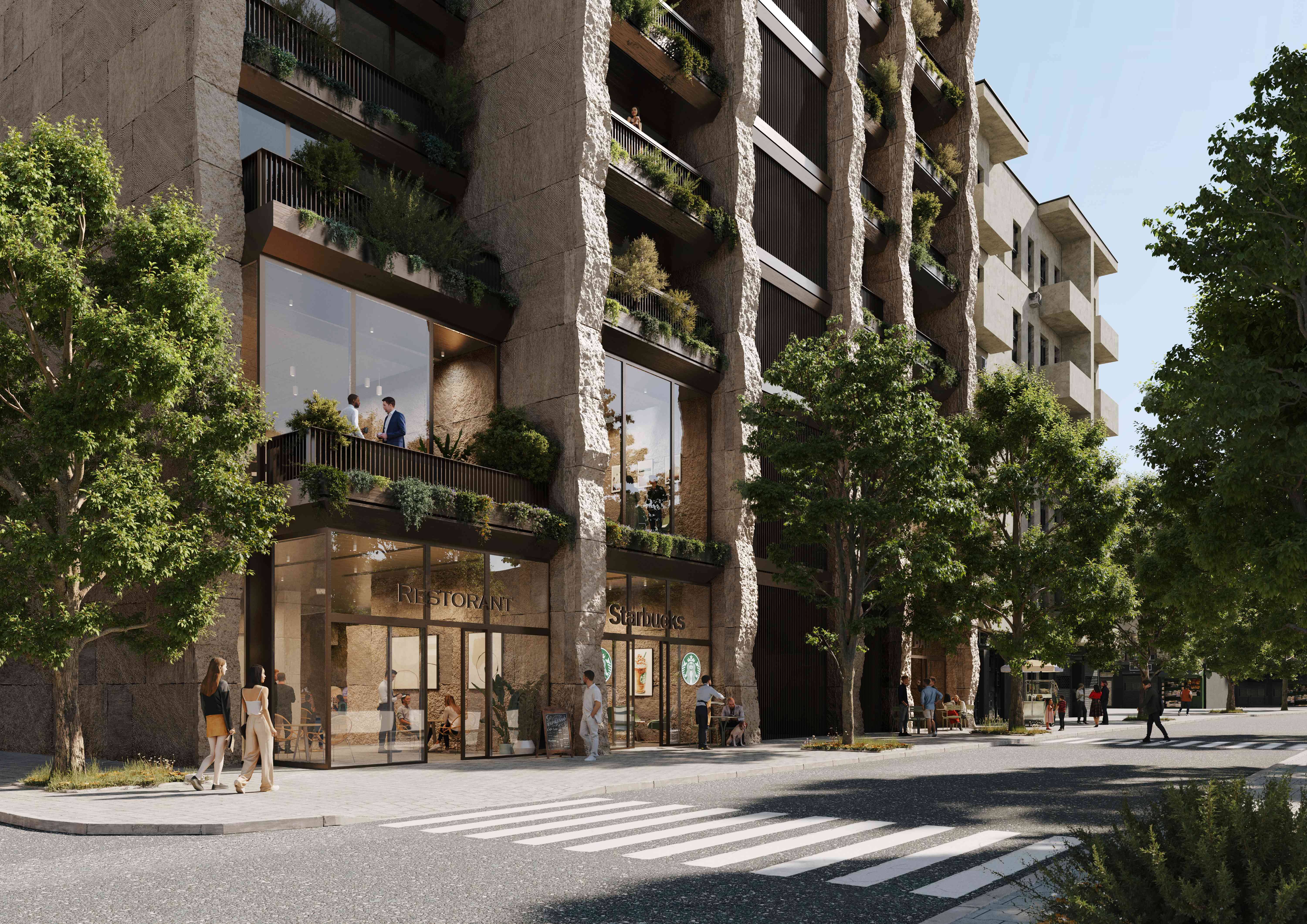 Guri Tower street corner with retail and greenery